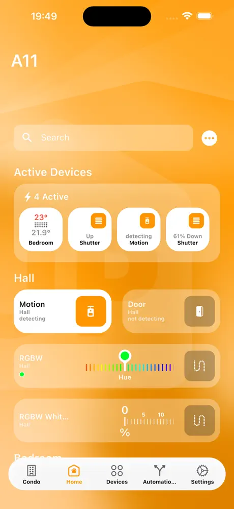 UpHome app active devices dashboard